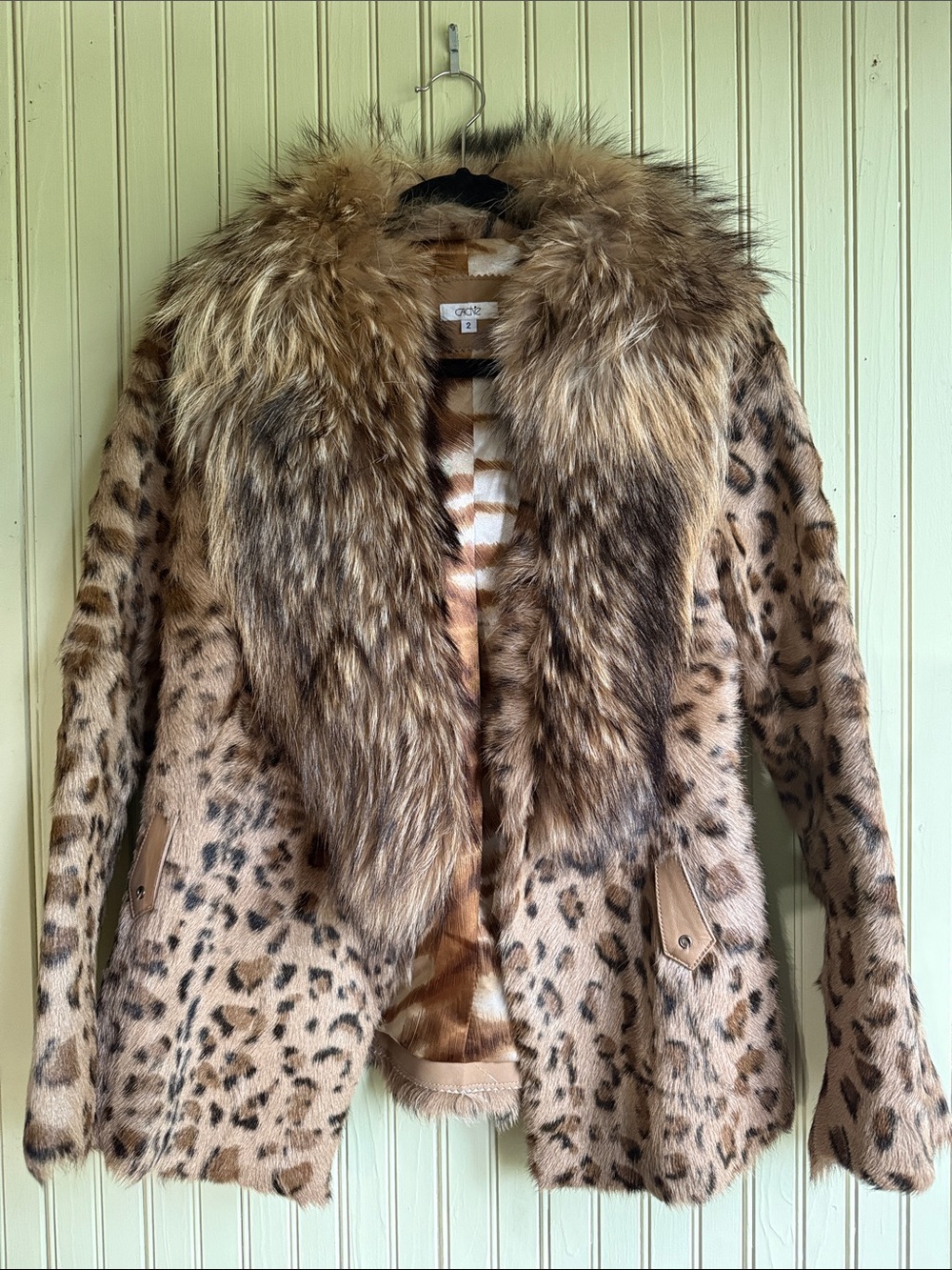 Cache Rabbit Fur Leopard Print Coat with Raccoon Fur Collar Size 2